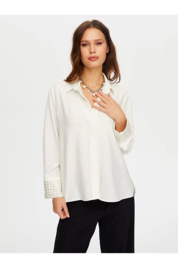 Kolları Boncuk Payet İşli Şık Kadın Gömlek W26GML011