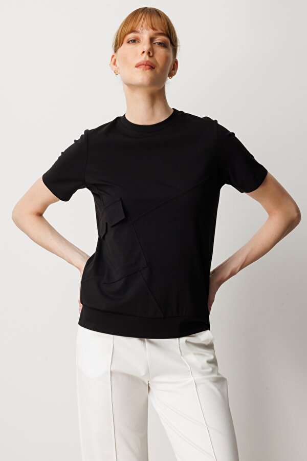 Kadın Sıfır Yaka Cepli T-Shirt 61340 Siyah