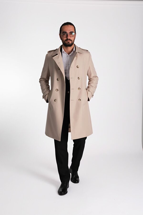 Regular Fit Kruvaze Kapama Kemerli Apoletli Uzun Trençkot