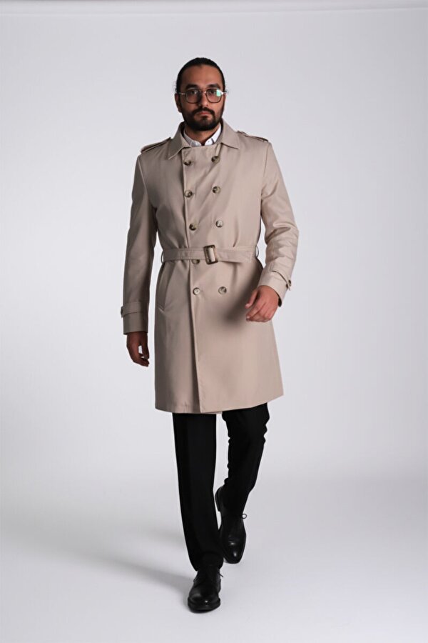 Regular Fit Kruvaze Kapama Kemerli Apoletli Uzun Trençkot