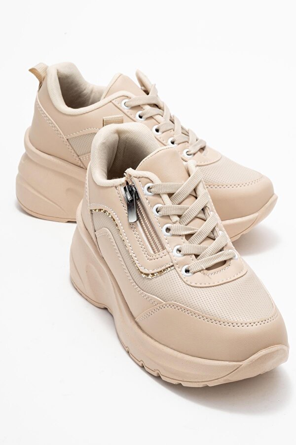 Kadın Fermuarlı Bağcıklı Spor Ayakkabı; BEJ