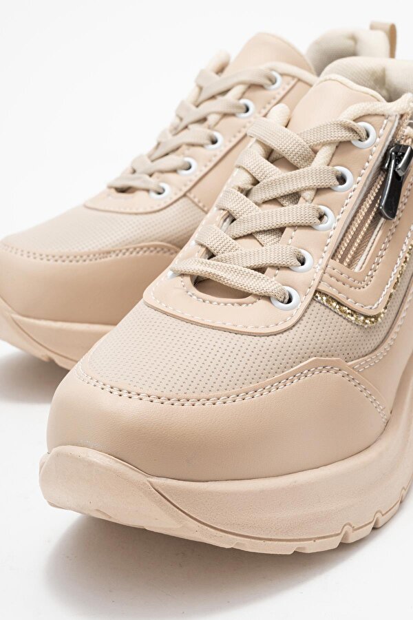 Kadın Fermuarlı Bağcıklı Spor Ayakkabı; BEJ