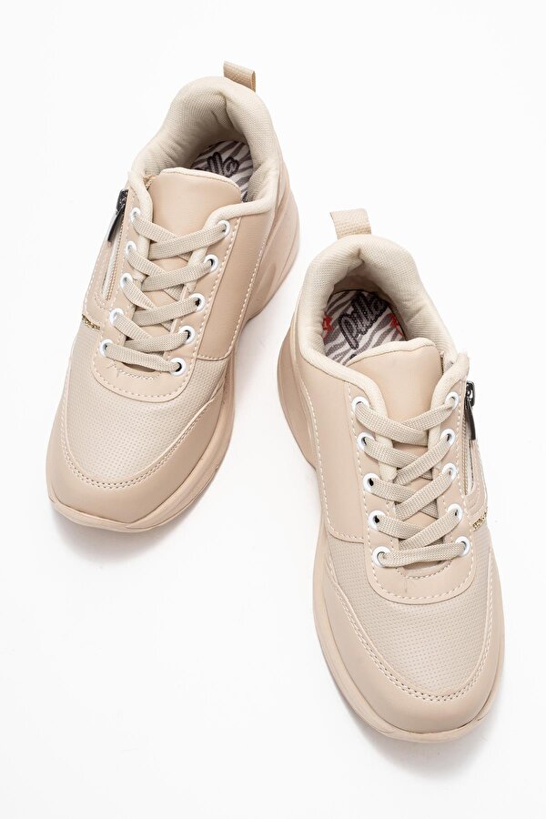 Kadın Fermuarlı Bağcıklı Spor Ayakkabı; BEJ