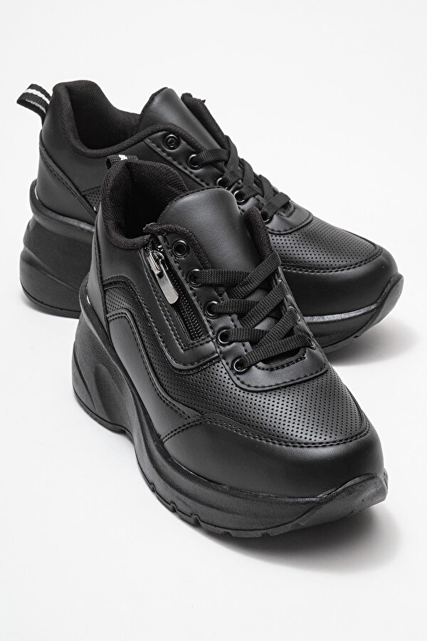 Kadın Fermuarlı Bağcıklı Spor Ayakkabı; SİYAH MAT