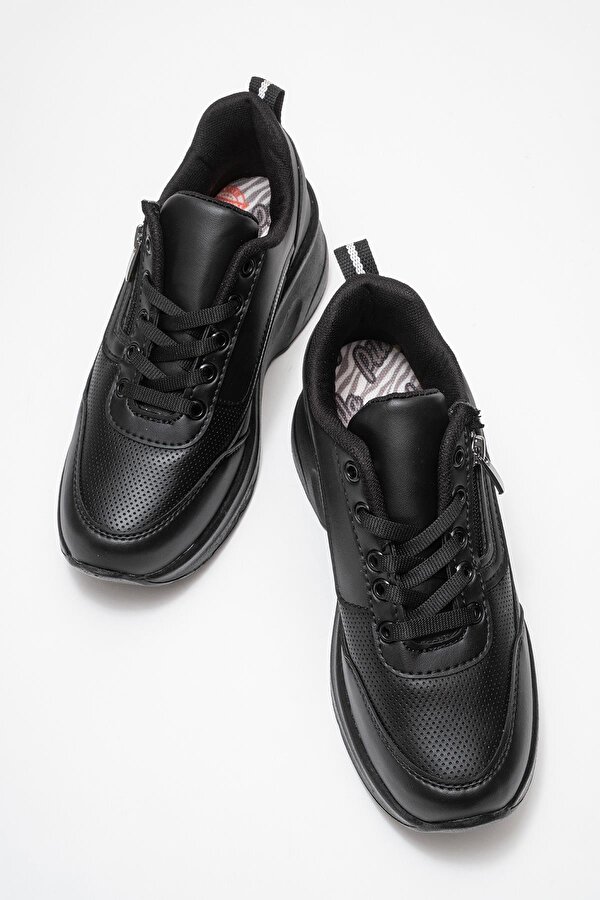 Kadın Fermuarlı Bağcıklı Spor Ayakkabı; SİYAH MAT