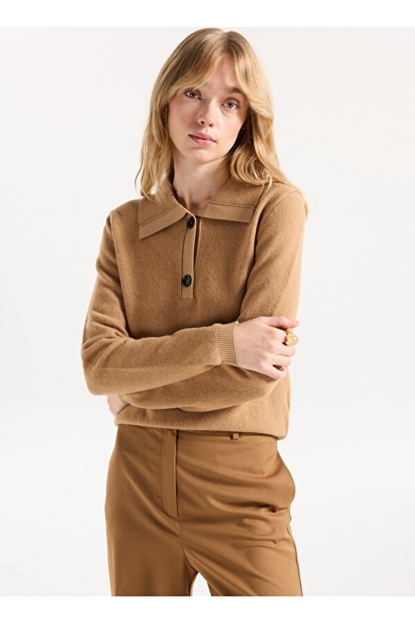 Gömlek Yaka Basic Düz Camel Kazak Kadın F5WL-KZK0001