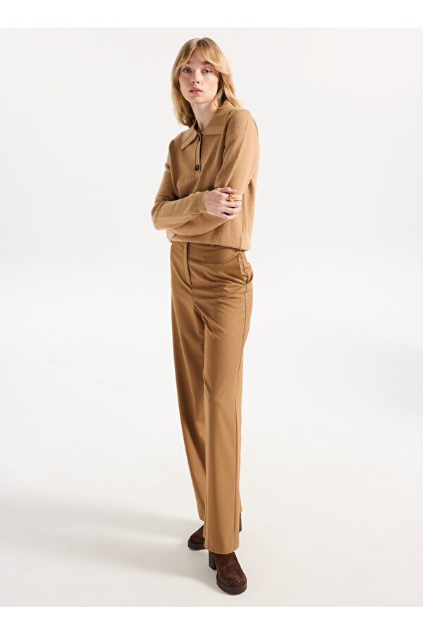 Gömlek Yaka Basic Düz Camel Kazak Kadın F5WL-KZK0001