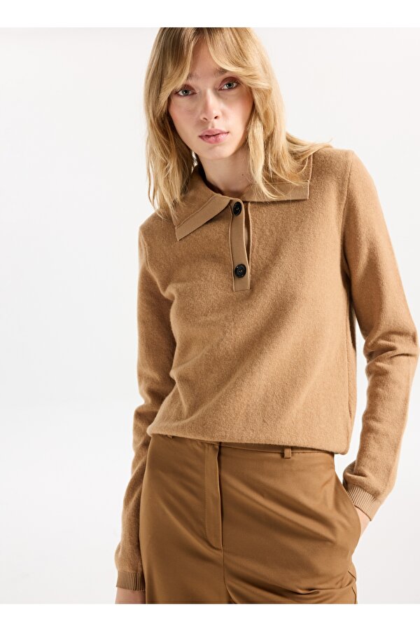 Gömlek Yaka Basic Düz Camel Kazak Kadın F5WL-KZK0001