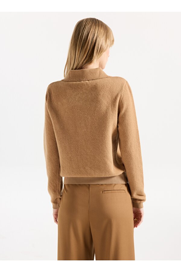 Gömlek Yaka Basic Düz Camel Kazak Kadın F5WL-KZK0001