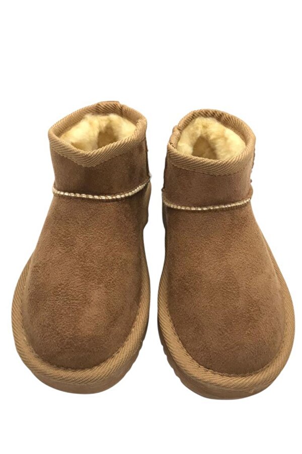 Kız Çocuk Taba Kalın Poli Taban İçi Kürklü Süet Görünümlü Mini Bot