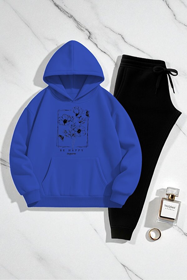 Unisex Be Happy Baskılı Oversize Sweatshirt Takım