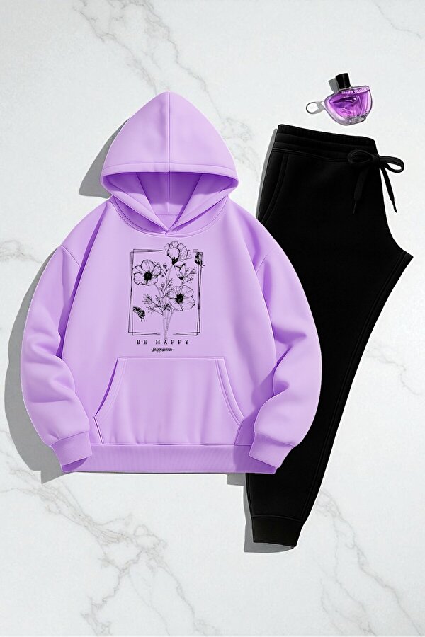 Unisex Be Happy Baskılı Oversize Sweatshirt Takım