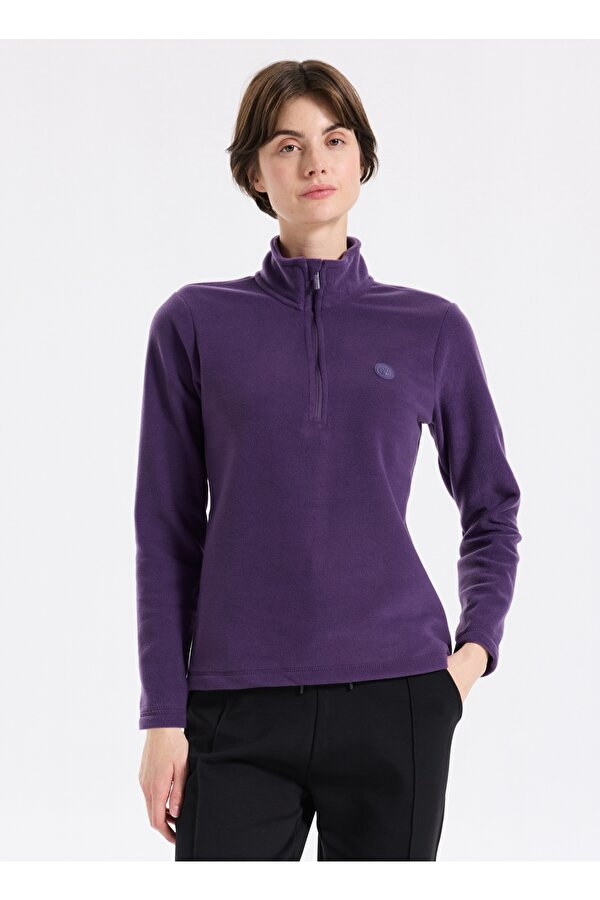 D5WL-SWT3302 Mor Fermuarlı Yaka Basic Düz Kadın Polar Sweatshırt