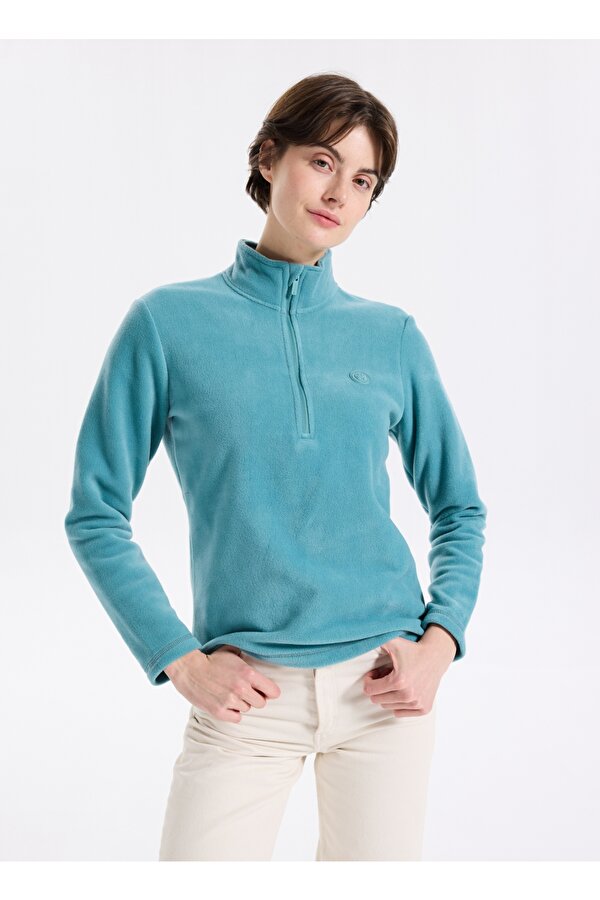 D5WL-SWT3302 Mint Fermuarlı Yaka Basic Düz Kadın Polar Sweatshırt