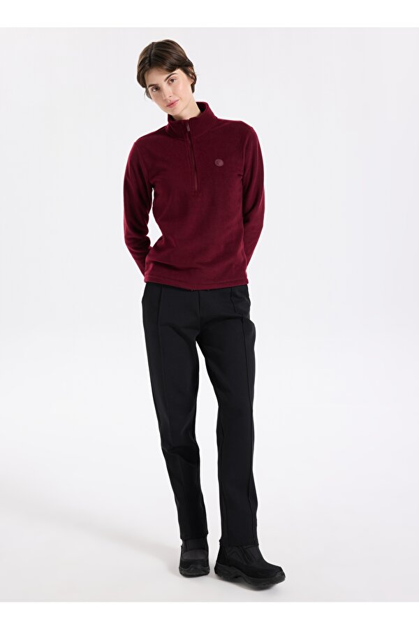 D5WL-SWT3302 Bordo Fermuarlı Yaka Basic Düz Kadın Polar Sweatshırt
