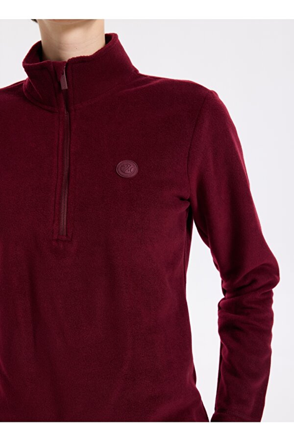 D5WL-SWT3302 Bordo Fermuarlı Yaka Basic Düz Kadın Polar Sweatshırt