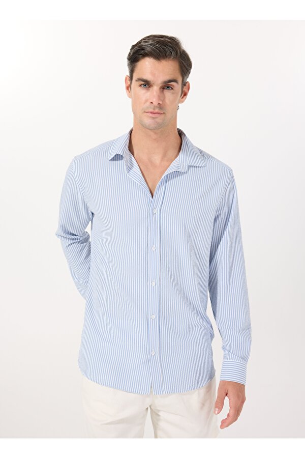 Regular Fit Gömlek Yaka Çizgili Mavi Erkek Gömlek PBF5SM-GML 5108