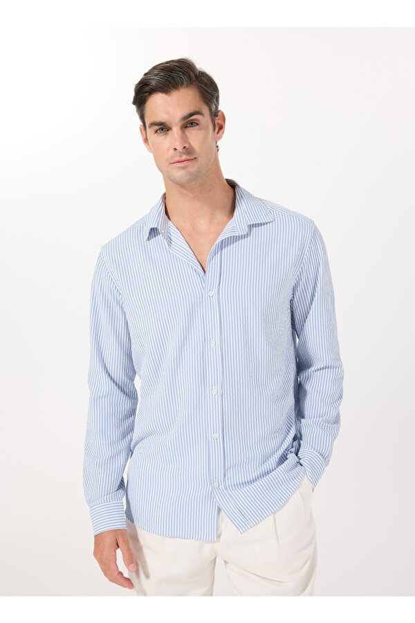 Regular Fit Gömlek Yaka Çizgili Mavi Erkek Gömlek PBF5SM-GML 5108