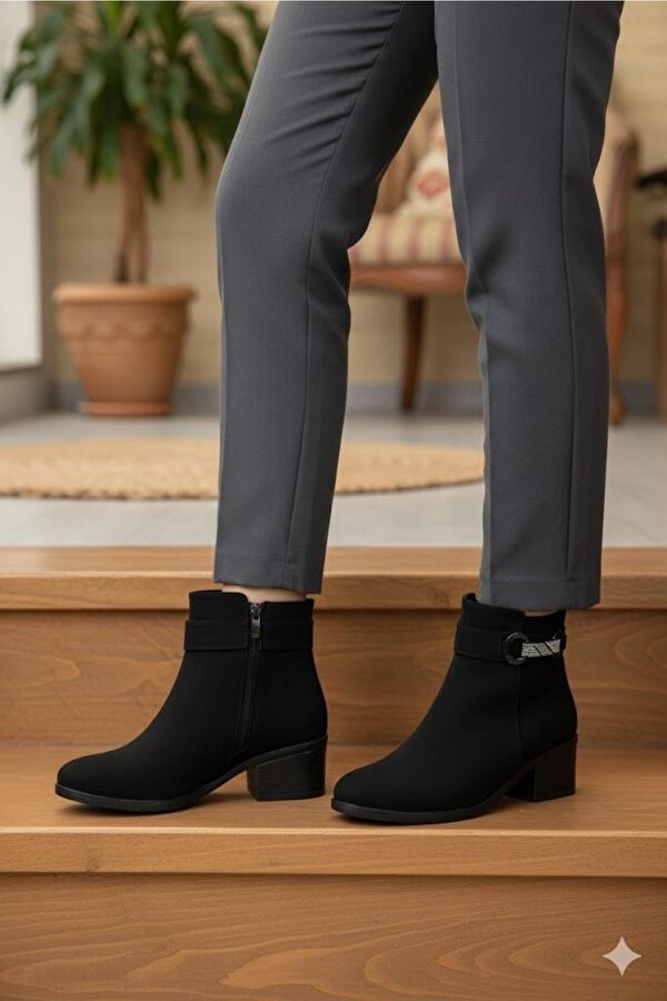 1093 Rahat Esnek Toka Detaylı Sıcak Astar 4 Cm yüksek Topuk Kadın Bot