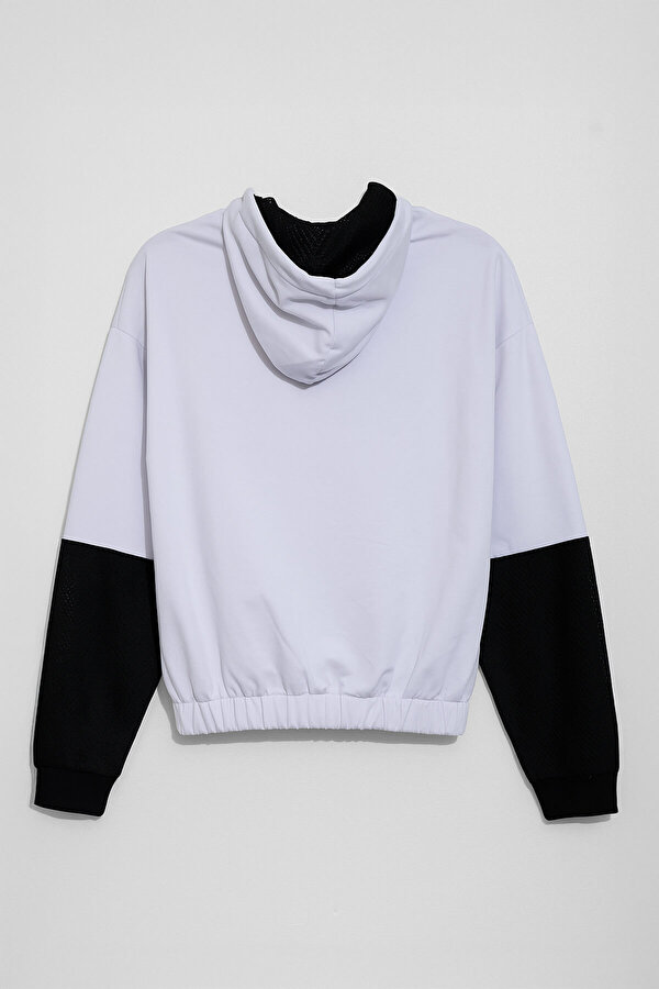 Kadın Kapüşonlu Cepli Siyah-Beyaz Crop Sweatshirt