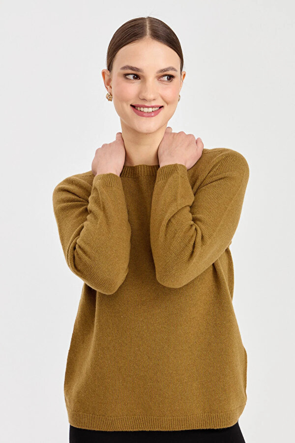 Kadın Sıfır Yaka Klasik Yün Kazak 23163 Haki