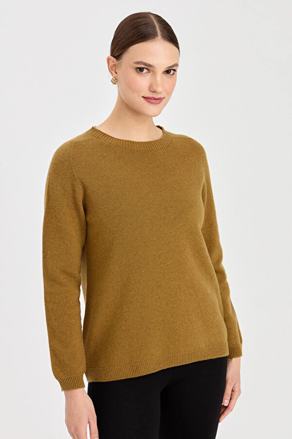 Kadın Sıfır Yaka Klasik Yün Kazak 23163 Haki