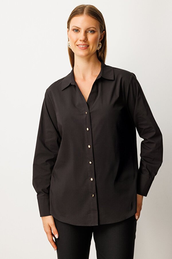 Kadın Büyük Beden Önü Düğmeli Polo Yaka Gömlek 3549 Siyah