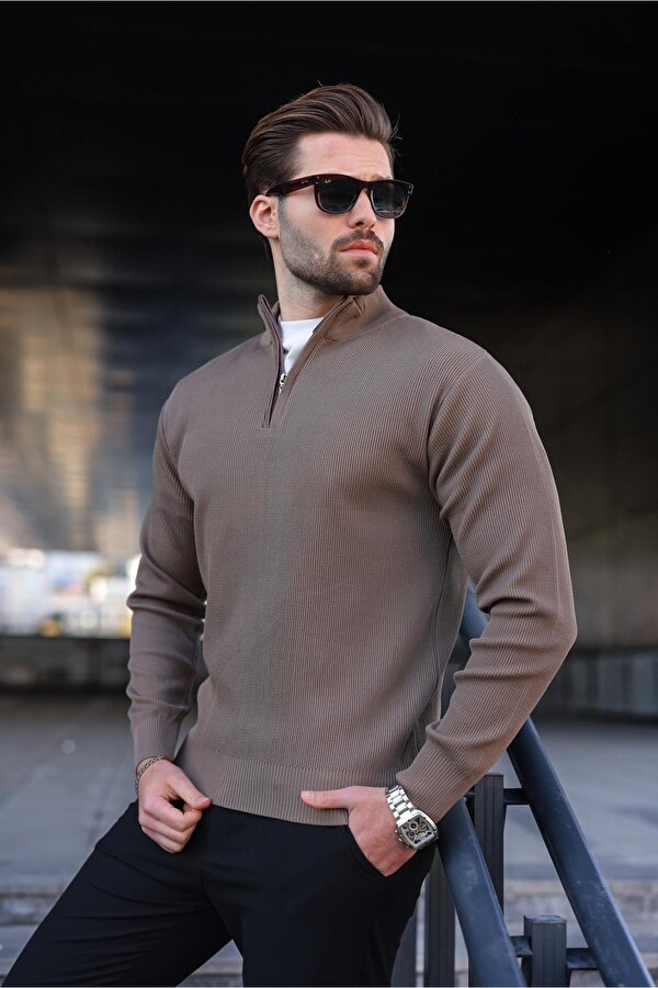 Açık Kahverengi Yarım Fermuarlı Dik Yaka Erkek Triko Kazak 7442