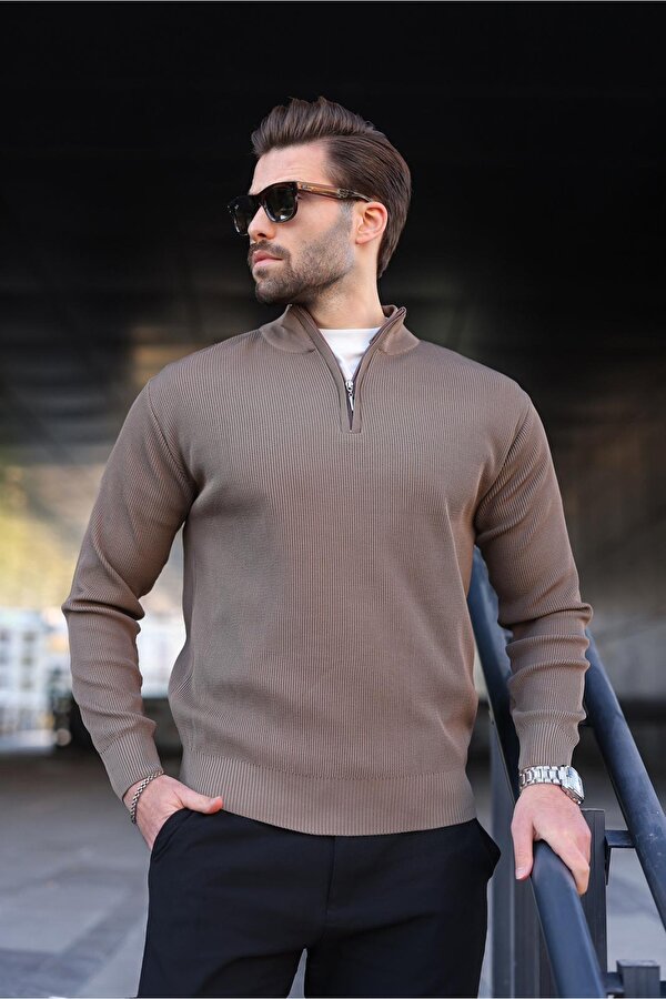 Açık Kahverengi Yarım Fermuarlı Dik Yaka Erkek Triko Kazak 7442