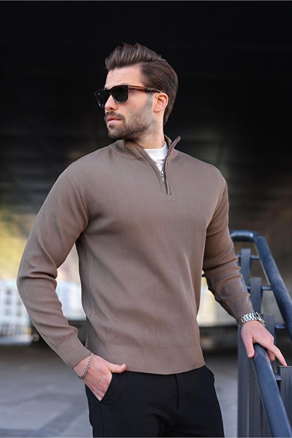 Açık Kahverengi Yarım Fermuarlı Dik Yaka Erkek Triko Kazak 7442