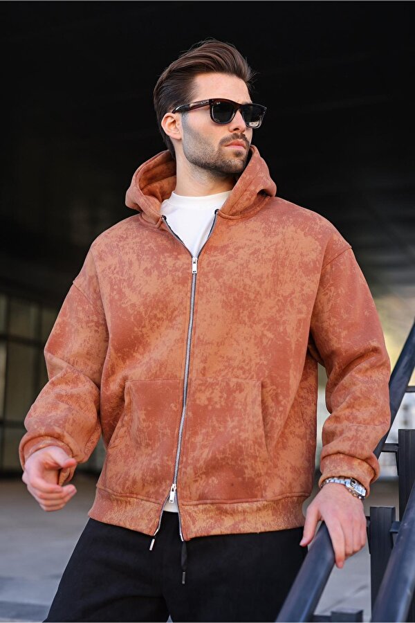 Kahverengi Çift Fermuarlı Batik Desenli Erkek Hırka E7175