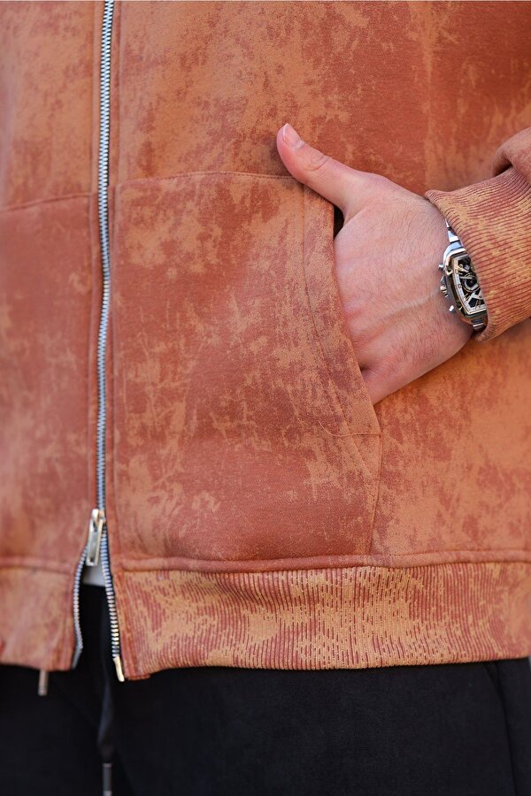 Kahverengi Çift Fermuarlı Batik Desenli Erkek Hırka E7175