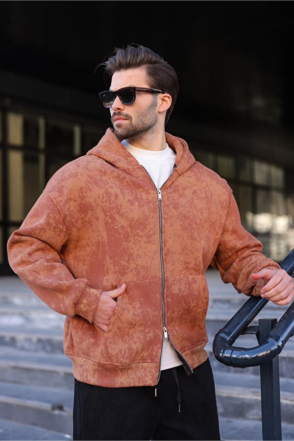 Kahverengi Çift Fermuarlı Batik Desenli Erkek Hırka E7175