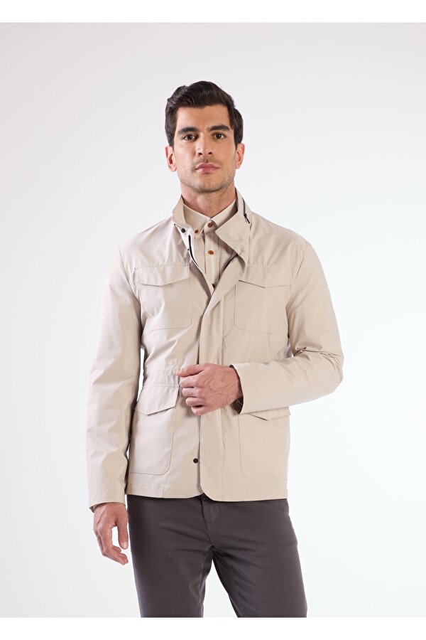 Bej Erkek Regular Fit Düz Renk Hakim Yaka Safari Mont