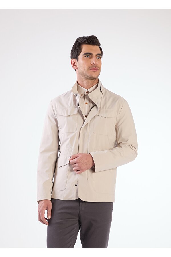 Bej Erkek Regular Fit Düz Renk Hakim Yaka Safari Mont