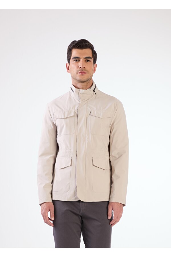 Bej Erkek Regular Fit Düz Renk Hakim Yaka Safari Mont