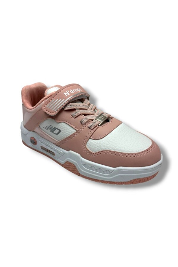 012-26 Deri Cırt Bantlı Kız Çocuk Sneaker Pudra Beyaz 31-35