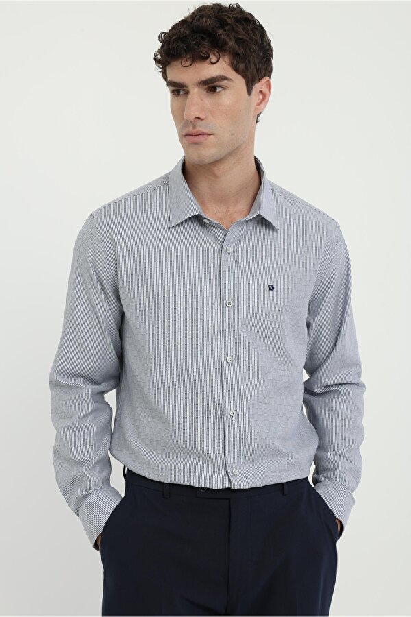Mavi Erkek Slim Fit Çizgili Brent Yaka Uzun Kol Gömlek
