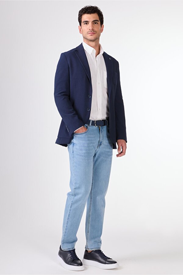 Lacivert Erkek Slim Fit Armürlü Mono Yaka Ceket