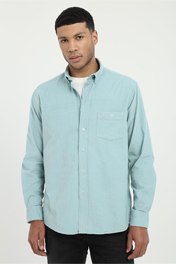 Buz Mavisi Fitilli Kadife Regular Fit Erkek Gömlek