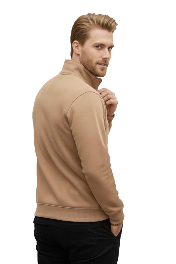 DeepSEA Erkek Camel Relax Fit İçi Polarlı %100 Pamuk Yarım Fermuarlı Dik Yaka Sweatshirt 2600760
