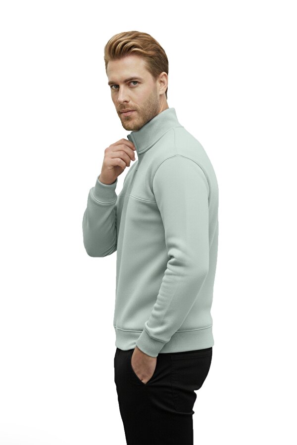 DeepSEA Erkek Mint Yeşili Relax Fit İçi Polarlı %100 Pamuk Yarım Fermuarlı Dik Yaka Sweatshirt 2600760