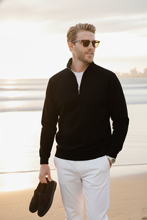 DeepSEA Erkek Siyah Relax Fit İçi Polarlı %100 Pamuk Yarım Fermuarlı Dik Yaka Sweatshirt 2600760