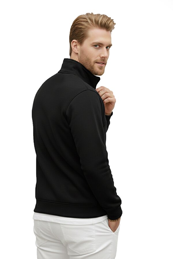 DeepSEA Erkek Siyah Relax Fit İçi Polarlı %100 Pamuk Yarım Fermuarlı Dik Yaka Sweatshirt 2600760