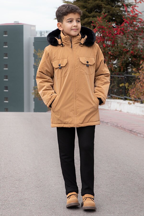 Hardal Çıtçıtlı Göğüs Cepli İçi Kürklü Erkek Çocuk Kapüşonlu Mont 21351