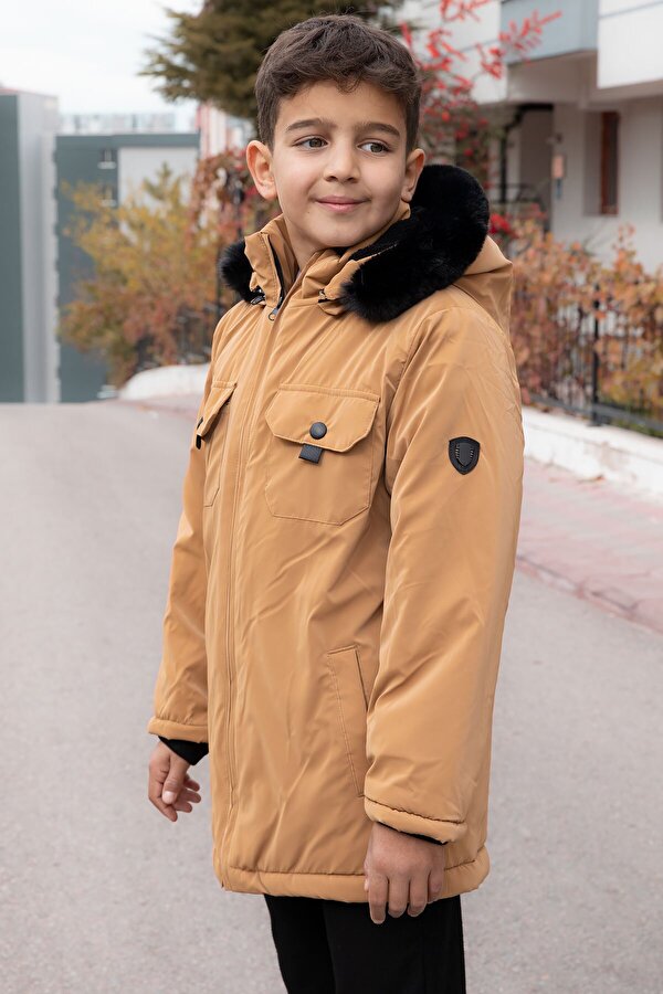 Hardal Çıtçıtlı Göğüs Cepli İçi Kürklü Erkek Çocuk Kapüşonlu Mont 21351
