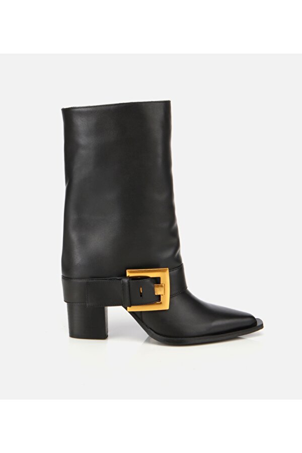 Kadın Deri Siyah Pantolon Görünümlü Gold Tokalı Kalın Topuklu Bot