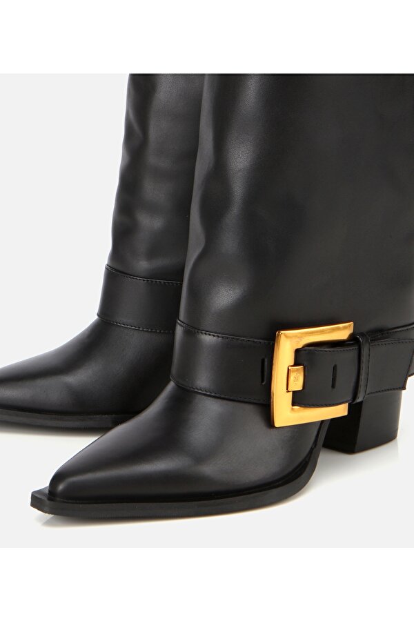 Kadın Deri Siyah Pantolon Görünümlü Gold Tokalı Kalın Topuklu Bot