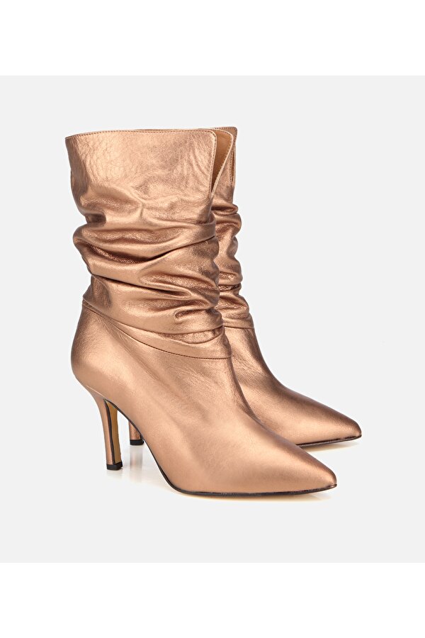 Kadın Deri Bronz Büzgülü Sivri Burunlu İnce Topuklu Bot