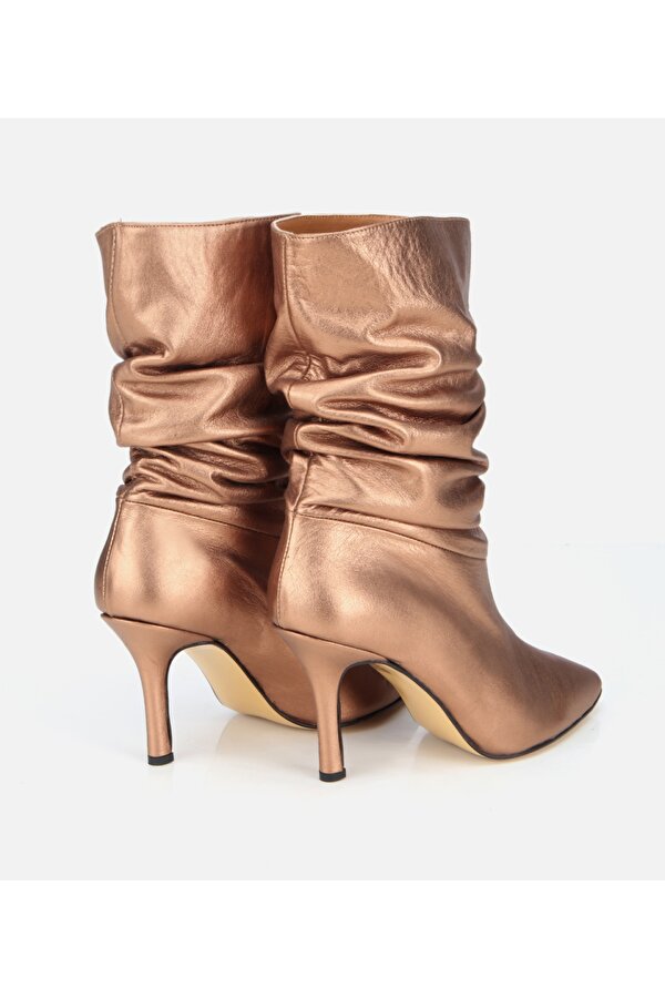 Kadın Deri Bronz Büzgülü Sivri Burunlu İnce Topuklu Bot